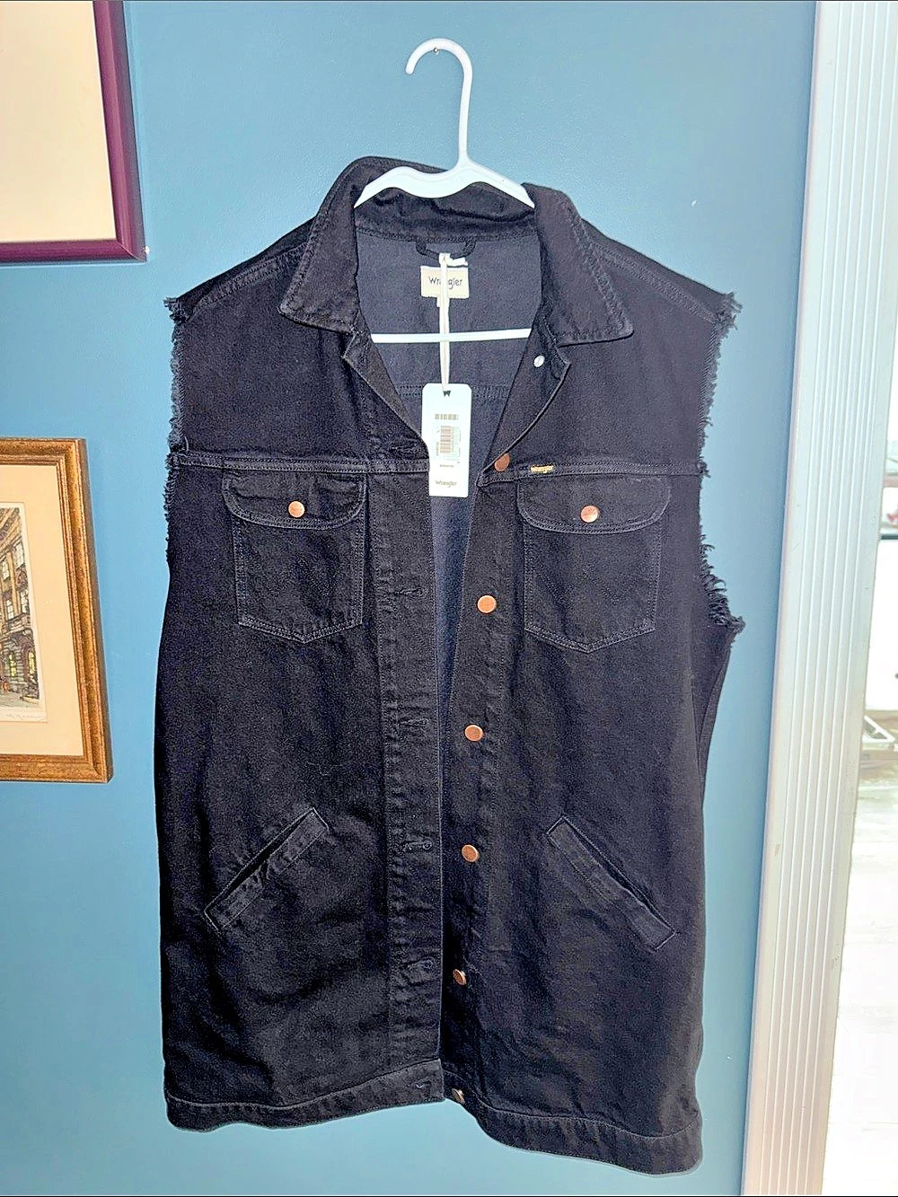 NWT Wrangler Longline Denim Vest Black Size L Women’s Oversized Jean Trucker